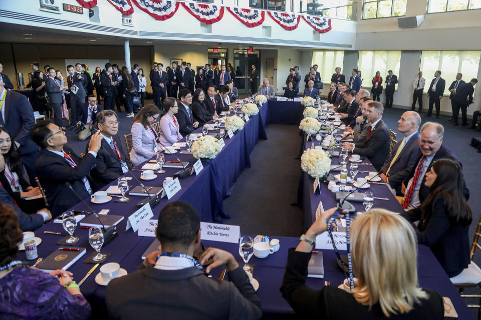 FILE - Taiwan President Tsai Ing-wen and House Speaker Kevin McCarthy, R-Calif., attend at a Bipartisan Leadership Meeting at the Ronald Reagan Presidential Library in Simi Valley, Calif., Wednesday, April 5, 2023. China is imposing sanctions against the Ronald Reagan Presidential Library and other U.S.- and Asian-based organizations in retaliation for the closely watched meeting this week between the U.S. House Speaker and Taiwan’s president. (AP Photo/Ringo H.W. Chiu, File)