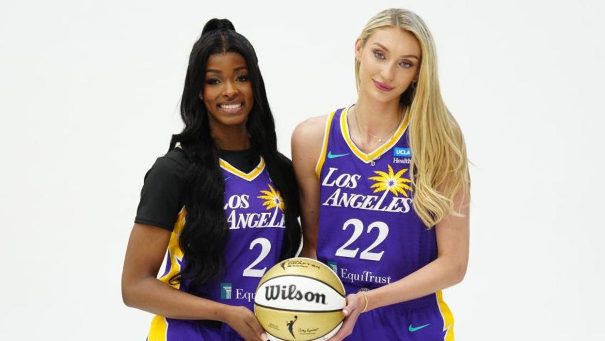 <div>LA Sparks forwards Rickea Jackson (2) and Cameron Brink (22) pose during WNBA media day on May 1, 2024 in Torrance, California. (Photo by Kirby Lee/Getty Images)</div> <strong>(Getty Images)</strong>