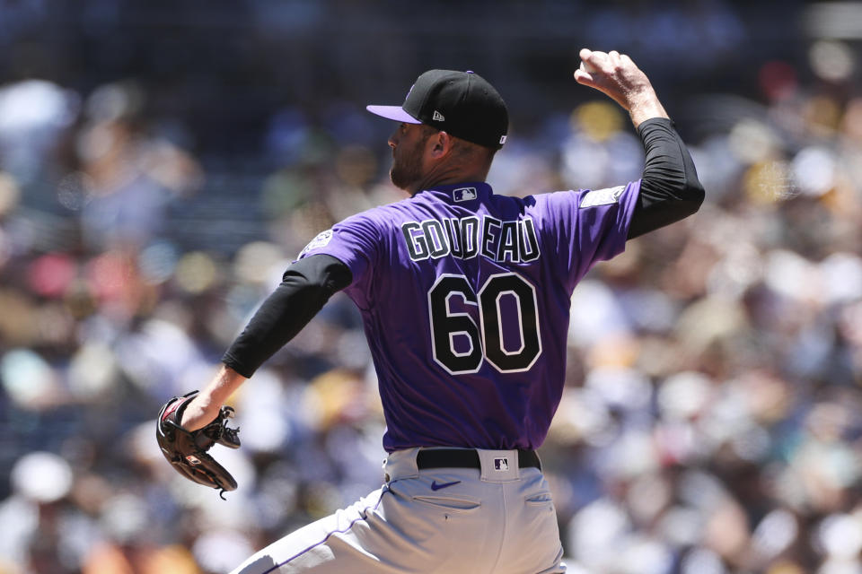 Colorado Rockies relief pitcher Ashton Goudeau delivers to a San Diego Padres batter in the second inning of a baseball game Sunday, Aug. 1, 2021, in San Diego. (AP Photo/Derrick Tuskan)