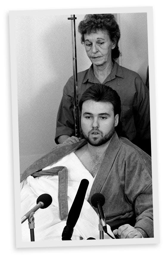 Country singer Sammy Sadler, wounded in the Music Row shooting, talks to reporters during a press conference at Vanderbilt University Medical Center on March 14, 1989. Looking on is his mother, Juanita Sadler of Leonard, Texas.