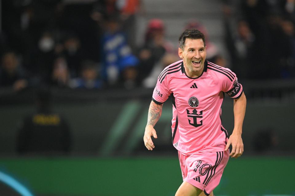 Lionel Messi celebrates an Inter Miami goal by teammate Luis Suarez against the Al-Hilal SFC at Kingdom Arena on Jan. 29, 2024.