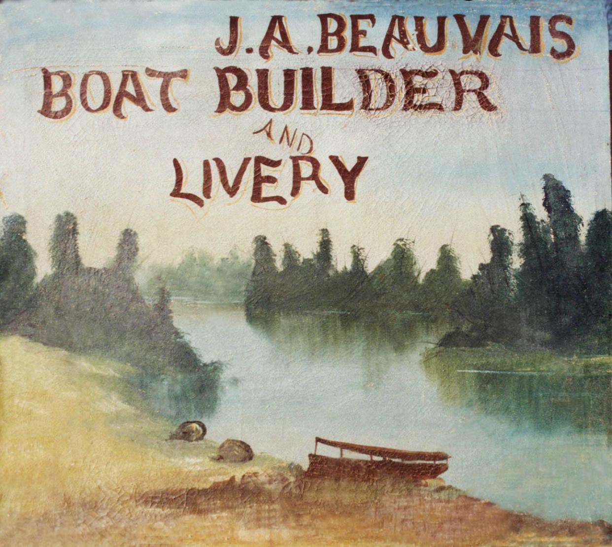 Hand-painted shop sign for Joseph Beauvais, Charlevoix master boat builder, personally invited to display his work at the 1893 Chicago World’s Columbian Exposition, the famous “White City."