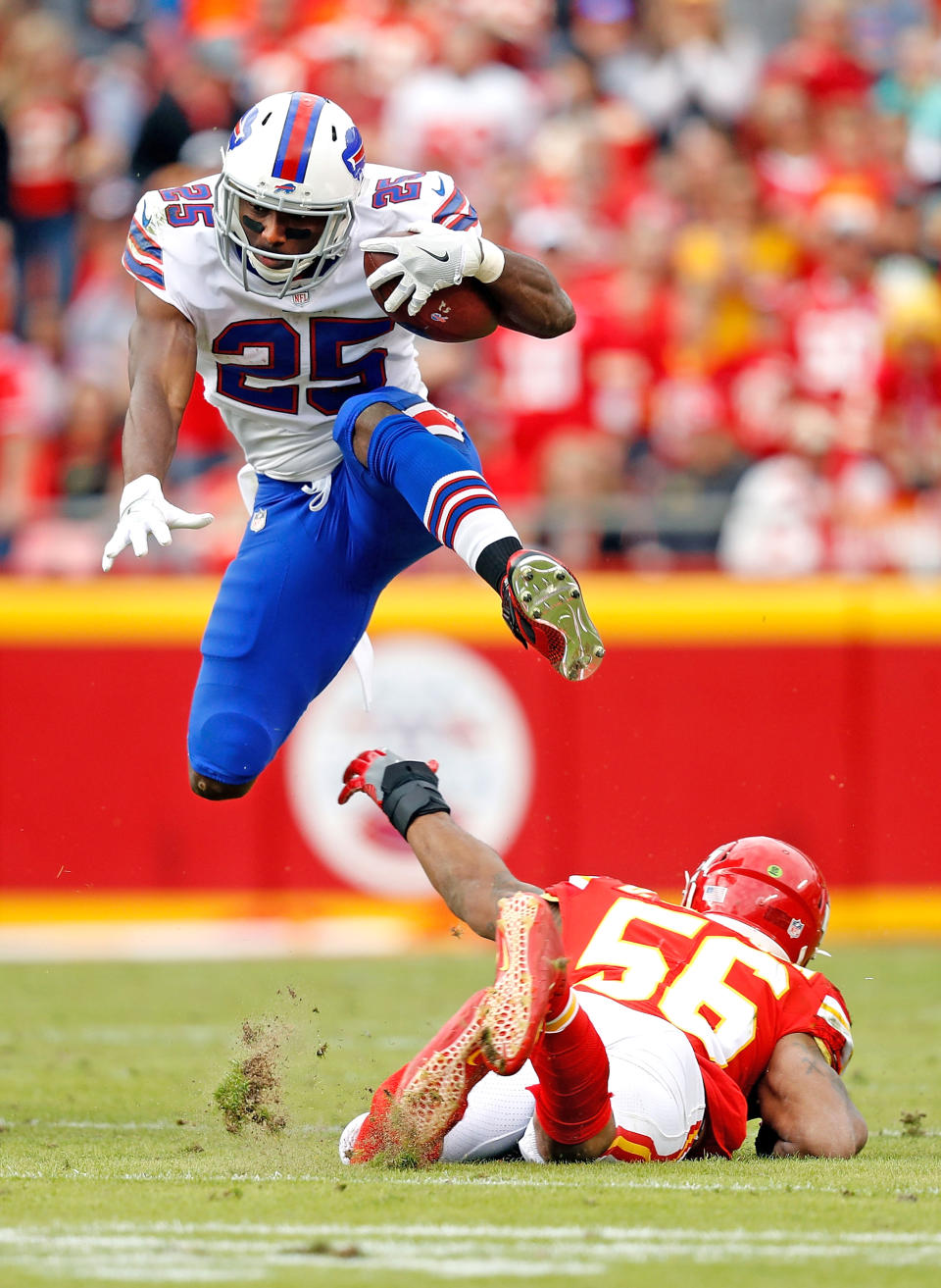 <p>Running back LeSean McCoy #25 of the Buffalo Bills leaps over inside linebacker Derrick Johnson #56 of the Kansas City Chiefs during the game at Arrowhead Stadium on November 26, 2017 in Kansas City, Missouri. (Photo by Jamie Squire/Getty Images) </p>