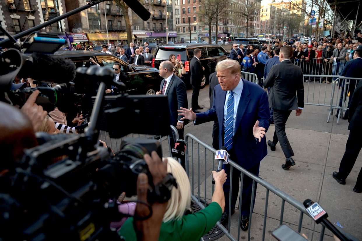 Former president Donald Trump, speaks to reporters during a campaign stop made after court at a bodega in Harlem where in 2022 a clerk fatally stabbed a man who shoved him, in New York on Tuesday, April 16, 2024. (Anna Watts/The New York Times)