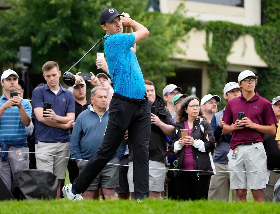 Jun 2, 2022; Dublin, Ohio, USA; Jordan Spieth watches his tee shot on the 10th hole during Round 1 of the Memorial Tournament at Muirfield Village Golf Club in Dublin, Ohio on June 2, 2022. 