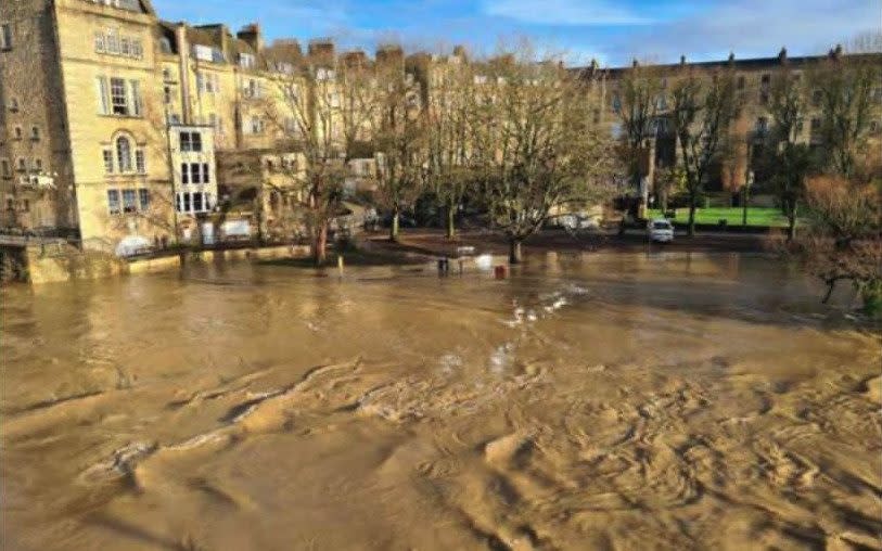 Pulteney Weir on the River Avon in Bath has been completely submerged