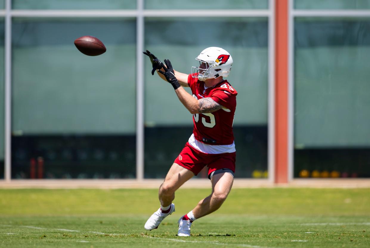 Arizona Cardinals tight end Trey McBride (85) during OTA workouts at the teams training facility in Tempe on May 23, 2022.