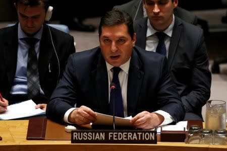 Russian Deputy Ambassador to the United Nations Vladimir Safronkov addresses the U.N. Security Council as it meets to discuss the recent ballistic missile launch by North Korea at U.N. headquarters in New York, U.S., July 5, 2017. REUTERS/Mike Segar