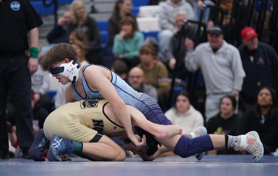 Clarkstown NorthÕs Jeremy Small wrestles SuffernÕs Bobby Brophy in the 116-pound championship match at the Rockland County Wrestling Championships at Suffern High School on Saturday, Jan. 20, 2024.