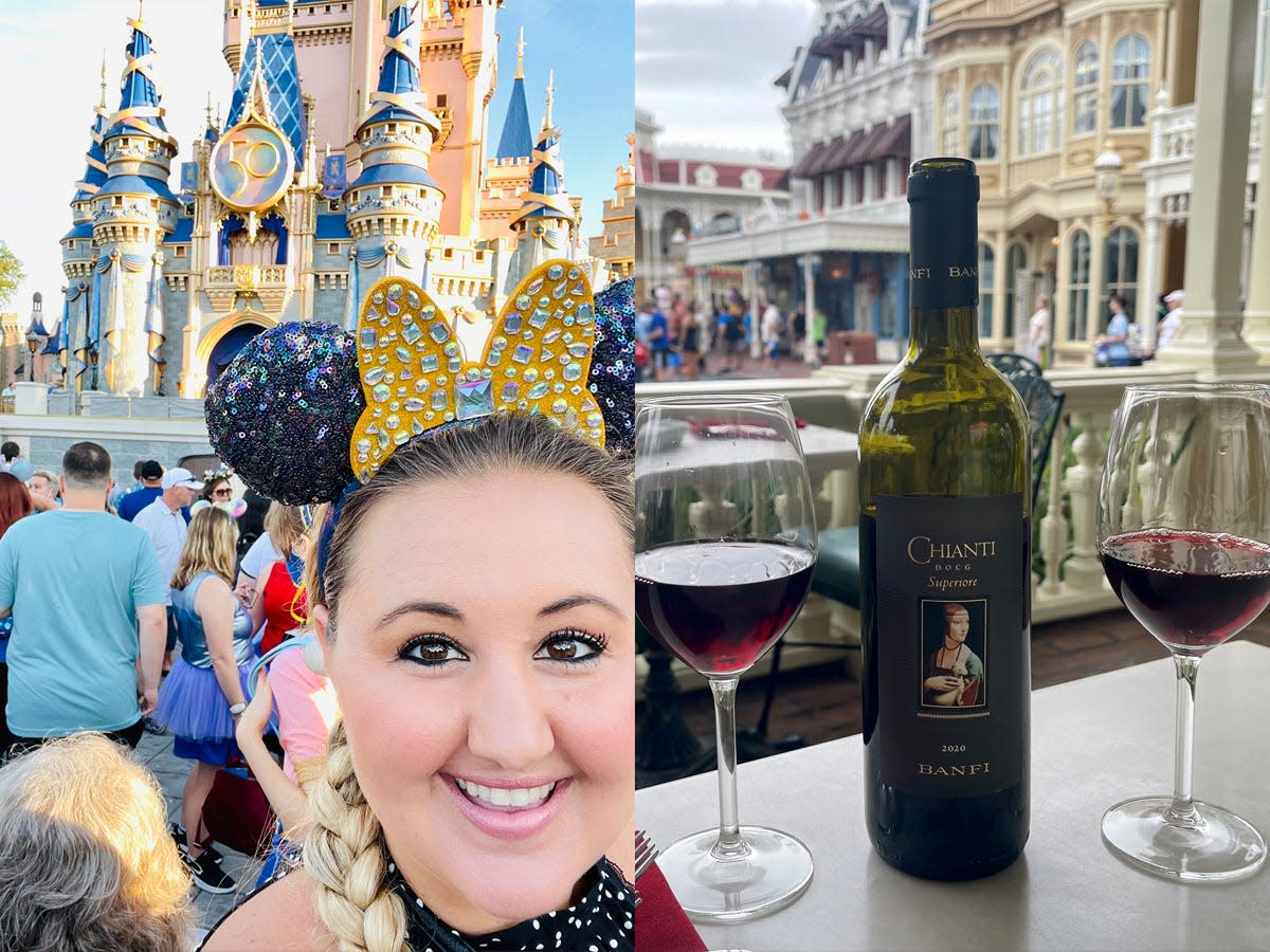 carly posing for a selfie in front of magic kingdom castle and a bottle of wine on a table at tony's town square restaurant