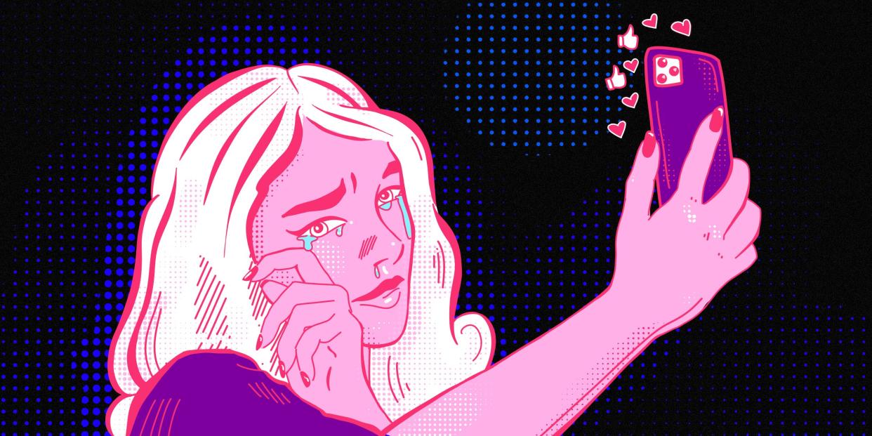 comic-style illustration of a woman wiping away a tear while holding up a phone and filming herself, with hearts and likes coming out of the phone screen