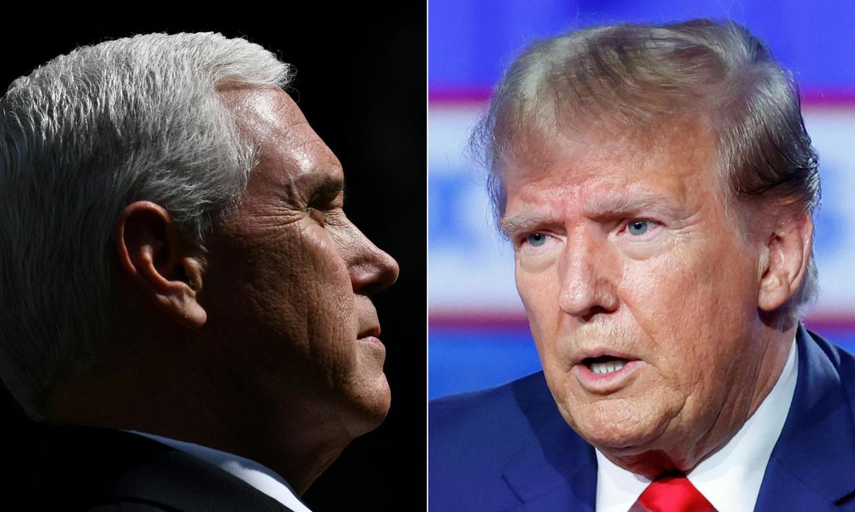 <span>Mike Pence in Washington DC on 26 May 2020; Donald Trump in Des Moines, Iowa, on 10 January 2024. </span><span>Photograph: Brendan Smialowskikamil Krzaczynski/AFP/Getty Images</span>