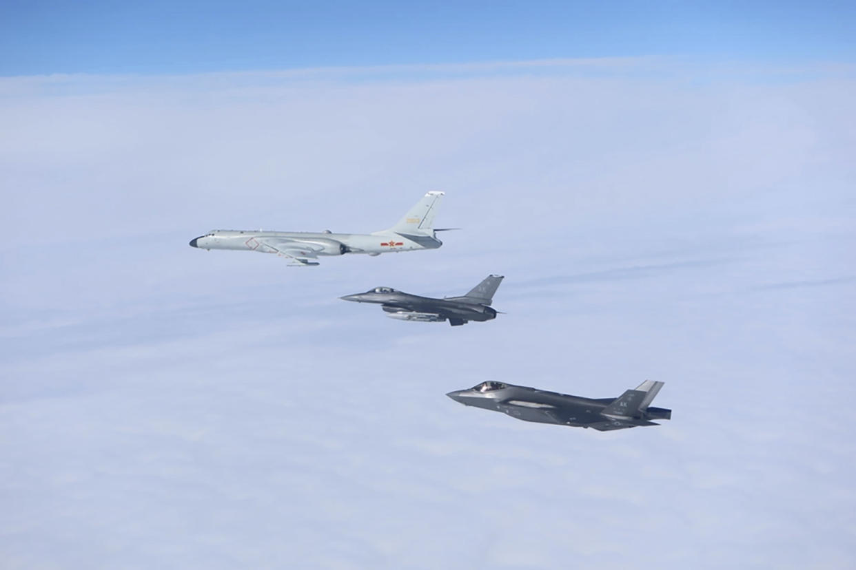 In this image released by the Department of Defense, U.S. fighter jets intercept a Russian military aircraft operating in the Alaska Air Defense Identification Zone on July 24, 2024. (Department of Defense via AP)