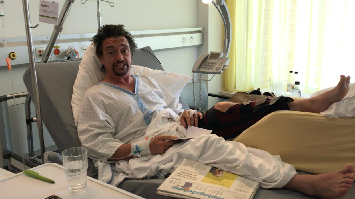 The presenter gets a leg up as he waits to be operated on: Richard Hammond