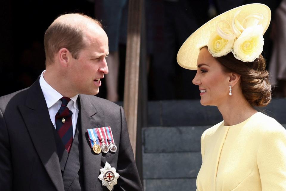 <p>Will and Kate shared a sweet look on the steps of St Paul's Cathedral for the <a href="https://www.townandcountrymag.com/style/fashion-trends/a40170055/kate-middleton-yellow-dress-platinum-jubilee-service-of-thanksgiving-2022-photos/" rel="nofollow noopener" target="_blank" data-ylk="slk:thanksgiving service;elm:context_link;itc:0;sec:content-canvas" class="link ">thanksgiving service</a> celebrating the Queen's Platinum Jubilee. </p>