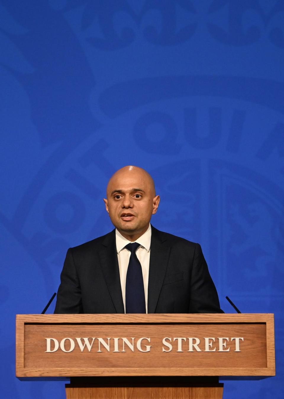 Health Secretary Sajid Javid during a media briefing in Downing Street (PA) (PA Wire)