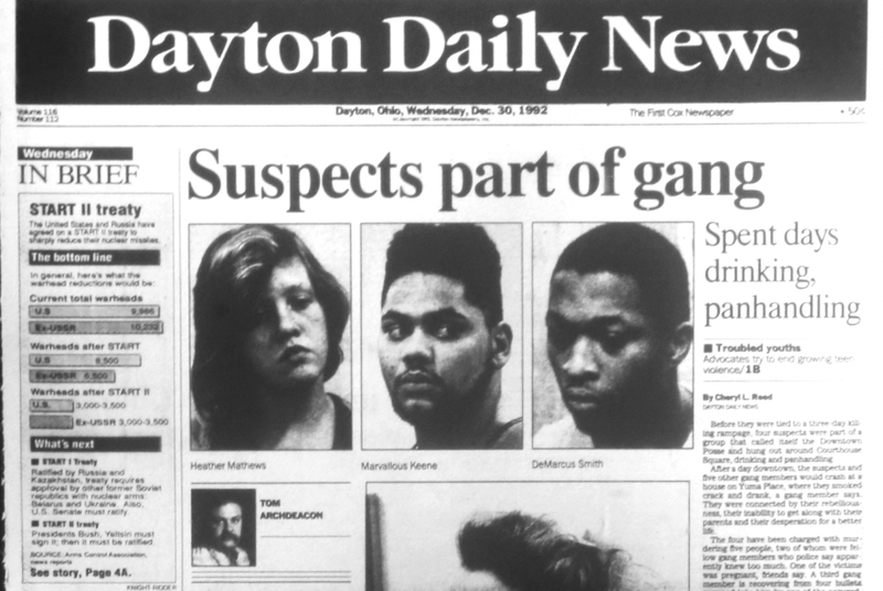 Archvial news clipping of suspects in Dayton, Ohio Christmas serial killings.
