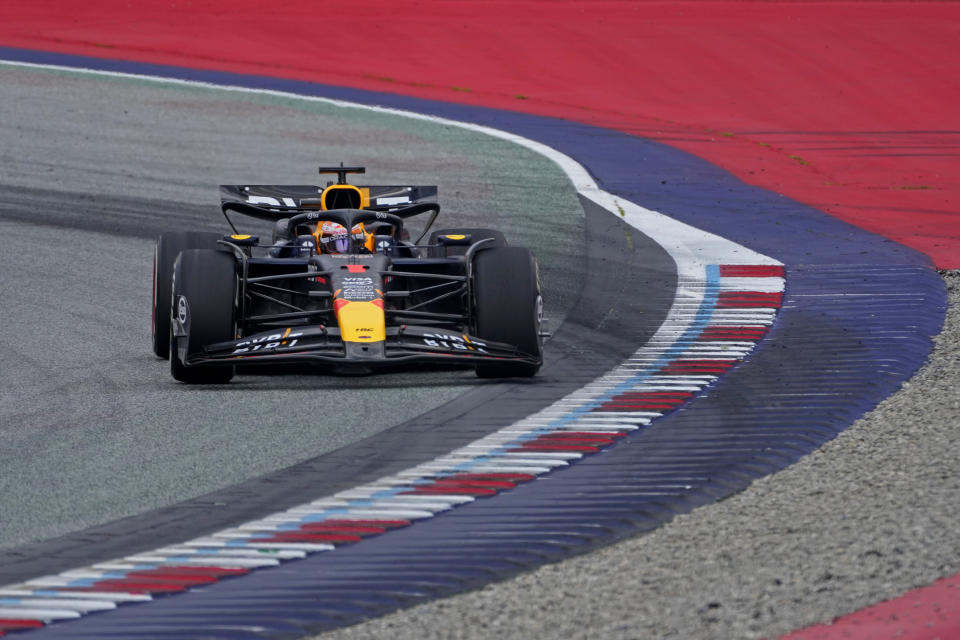 Red Bull driver Max Verstappen of the Netherlands steers his car during the Austrian Formula One Grand Prix race at the Red Bull Ring racetrack in Spielberg, Austria, Sunday, June 30, 2024. (AP Photo/Darko Bandic)