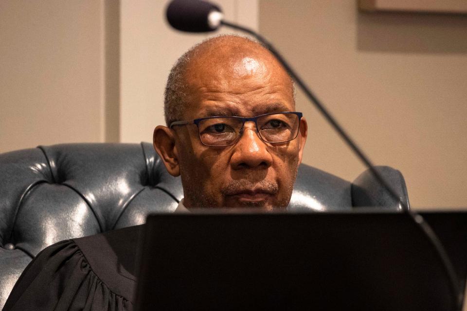 Jan 31, 2023; Walterboro, SC, USA; Judge Clifton Newman listens in the double murder trial of Alex Murdaugh at the Colleton County Courthouse in Walterboro, Tuesday, Jan. 31, 2023.  Mandatory Credit: Andrew J. Whitaker/Pool via USA TODAY NETWORK