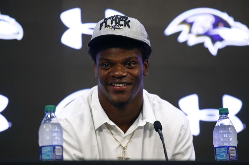 Quarterback Lamar Jackson, the 32nd overall pick of the Baltimore Ravens in this year’s NFL draft, took part in rookie minicamp last weekend. (AP)