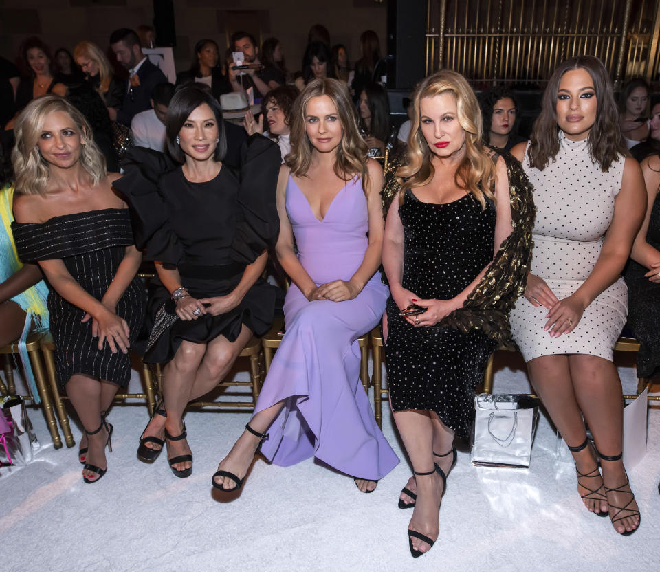 Sarah Michelle Gellar, from left, Lucy Liu, Alicia Silverstone, Jennifer Coolidge and Ashley Graham attend the Christian Siriano show during Fashion Week on Saturday, Sept. 7, 2019 in New York. (Photo by Charles Sykes/Invision/AP)