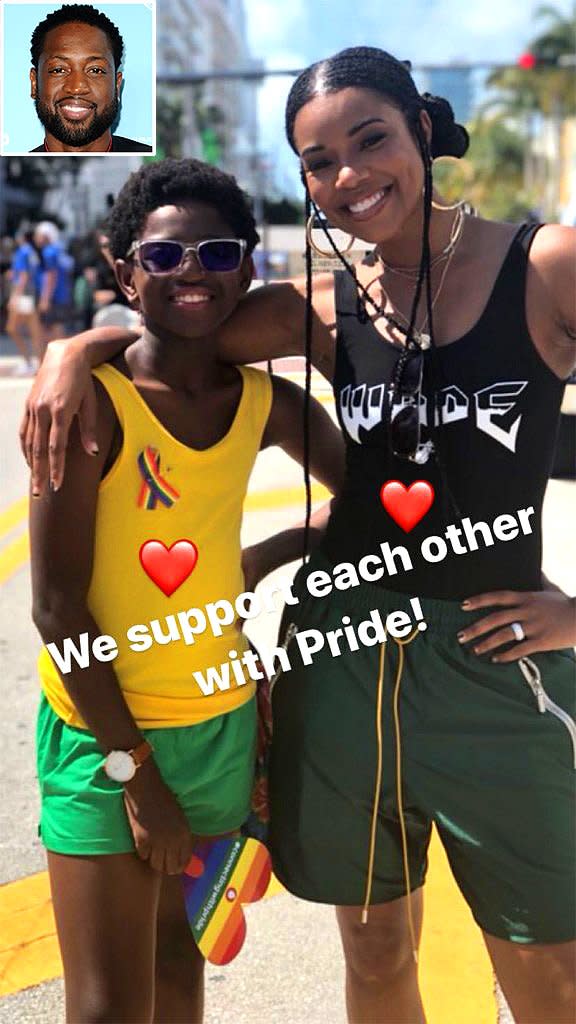 Dwyane Wade opened up about supporting his son <a href="https://people.com/parents/dwyane-wade-son-zion-miami-pride-parade-gabrielle-union-photos/" rel="nofollow noopener" target="_blank" data-ylk="slk:at a Miami Pride parade;elm:context_link;itc:0;sec:content-canvas" class="link ">at a Miami Pride parade</a> earlier this year. In April, the 37-year-old NBA star shared photos of his son Zion Malachi Airamis with the child’s stepmom Gabrielle Union and other family members at the 11th annual Miami Beach Pride parade. "I don’t really talk about it much because it’s Zion's story to tell," Wade told <em><a href="https://variety.com/2019/biz/news/dwyane-wade-miami-pride-1203246328/" rel="nofollow noopener" target="_blank" data-ylk="slk:Variety;elm:context_link;itc:0;sec:content-canvas" class="link ">Variety</a></em> about the parade in a new interview. "I think as a family, we should support each other. That’s our job. And my job as a father is to facilitate their lives and to support them and be behind them in whatever they want to do."