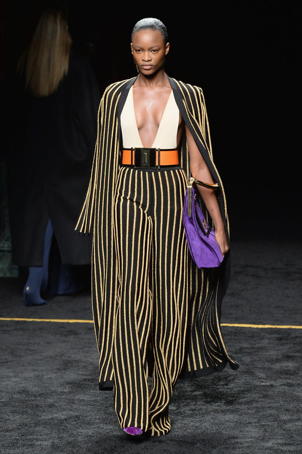 A pinstripe look from the Fall/Winter 2015 Balmain collection.