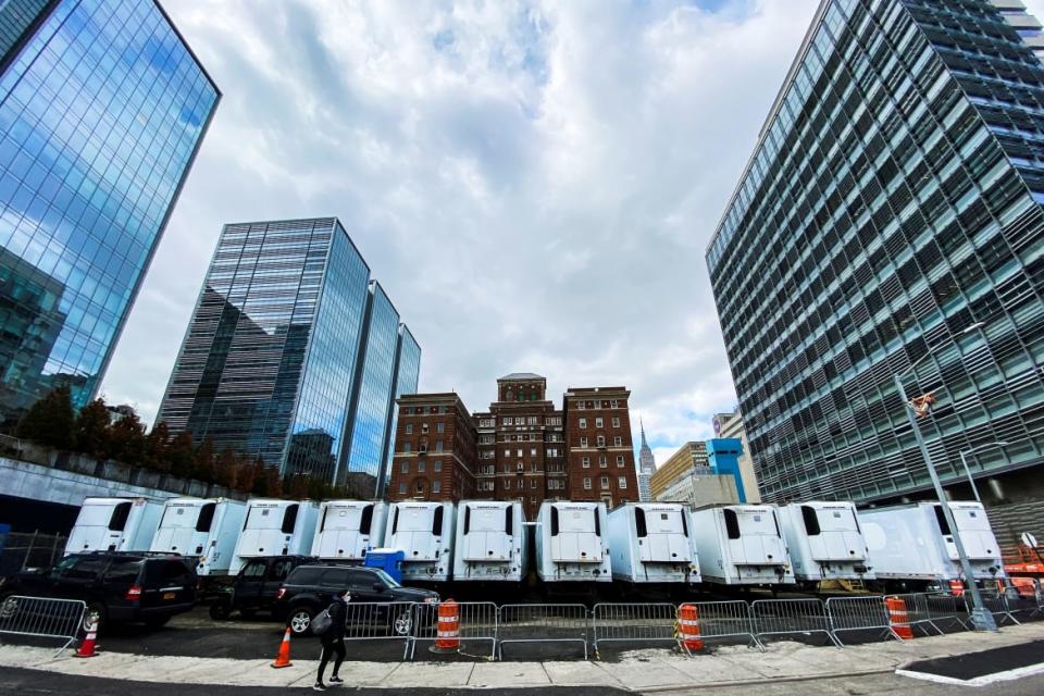 <div class="inline-image__caption"><p>Refrigerated trailers have been placed outside Bellevue Hospital to serve as makeshift morgues for coronavirus victims.</p></div> <div class="inline-image__credit">Eduardo Munoz/Reuters</div>