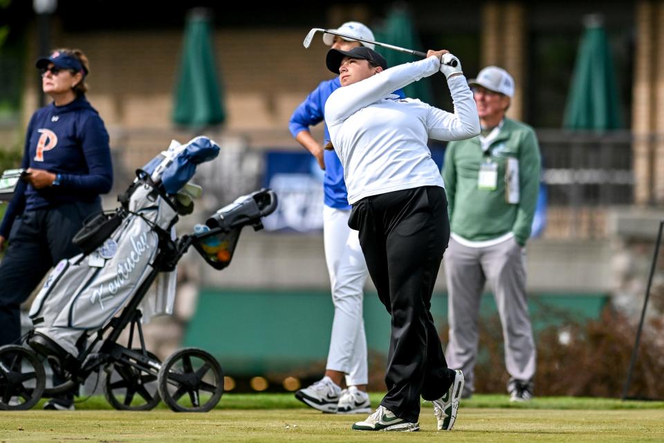 Michigan State's Paula Balanzategui tees off on the 10th hole on Monday, May 6, 2024, during the NCAA women's golf regional at Forest Akers West Golf Course in East Lansing.