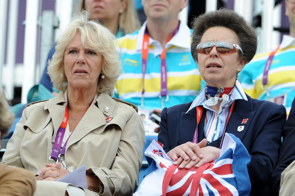 Camilla, Duchess of Cornwall and Princess Anne, Pricess Royal at the Show Jumping Eventing Equestrian on Day 4 of the London 2012 Olympic Games at Greenwich Park on July 31, 2012 in London, England. (Photo by Pascal Le Segretain/Getty Images)