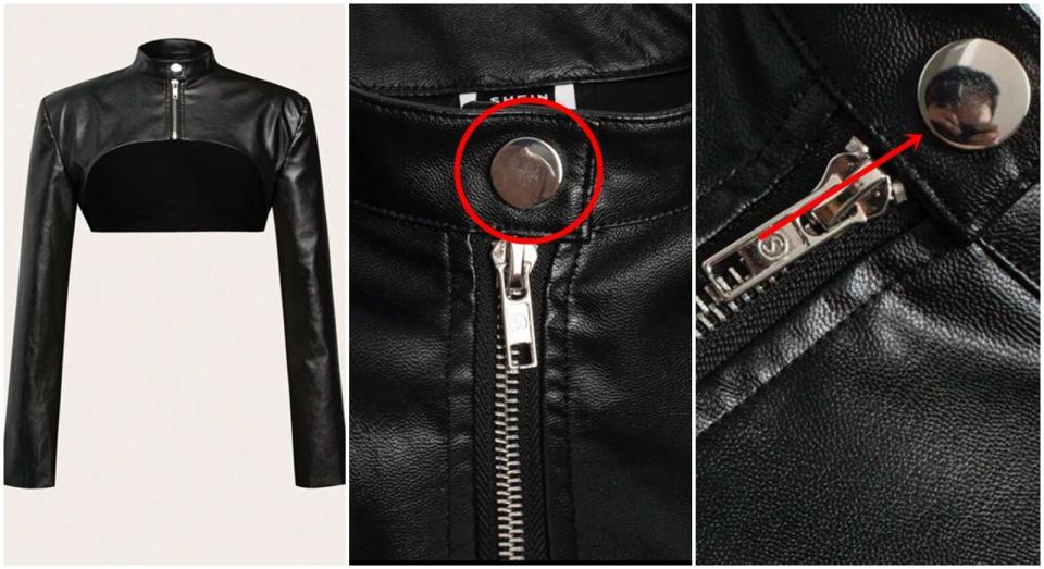 中國快時尚品牌「SHEIN」官網上的一件皮衣，竟有裸男反射在金屬鈕扣上。（翻攝自推特@ebino_k）
