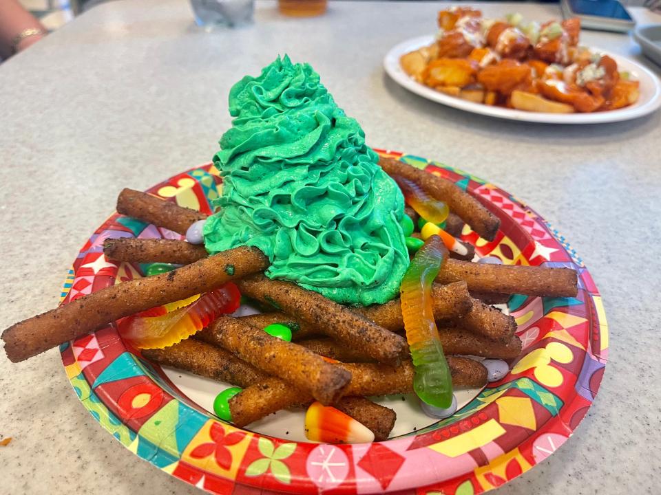 plate of oogie boogie funnel fries from disneyland