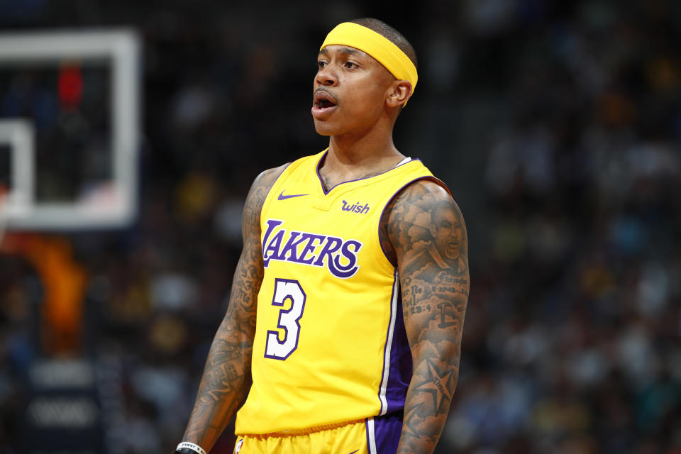 Los Angeles Lakers guard Isaiah Thomas in the second half of an NBA basketball game Friday, March 9, 2018, in Denver. The Nuggets won 125-116.(AP Photo/David Zalubowski)