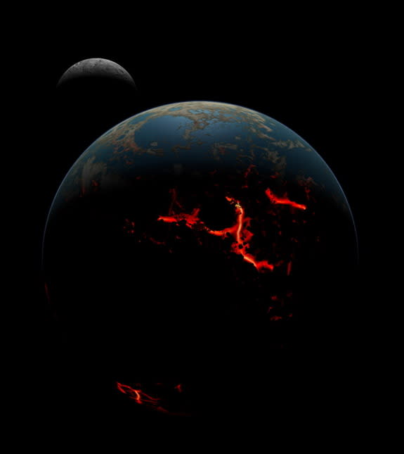 An artistic conception of the early Earth-moon system showing the Earth's surface after being bombarded with large impacts, causing magma extrusion on the surface, though some liquid water was retained. Image released on July 30, 2014.