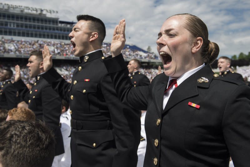 Skyler K. Briggs takes her commissioning oath alongside fellow Marines in Annapolis, Md., on May 26. On November 10, 1775, the United States Marine Corps, then known as the Continental Marines, was formed by order of the Second Continental Congress. File Photo by Kevin Dietsch/UPI