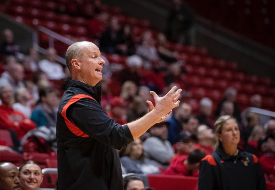 Ball State women's basketball head coach Brady Sallee during the team's game against Central Michigan University on Saturday, Jan. 21, 2023.