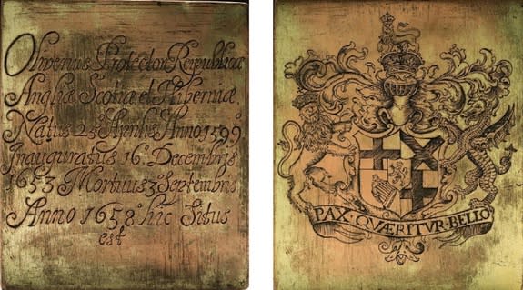 One side of the copper plate bears the arms of the Lord Protector of the Commonwealth of England, Scotland and Ireland, and the reverse has an inscription in Latin with the dates of Cromwell's birth, inauguration as Lord Protector, and death (c