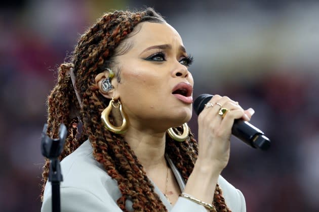 Andra Day performs prior to Super Bowl LVIII between the San Francisco 49ers and Kansas City Chiefs at Allegiant Stadium on February 11, 2024 in Las Vegas, Nevada.  - Credit: Jamie Squire/Getty Images