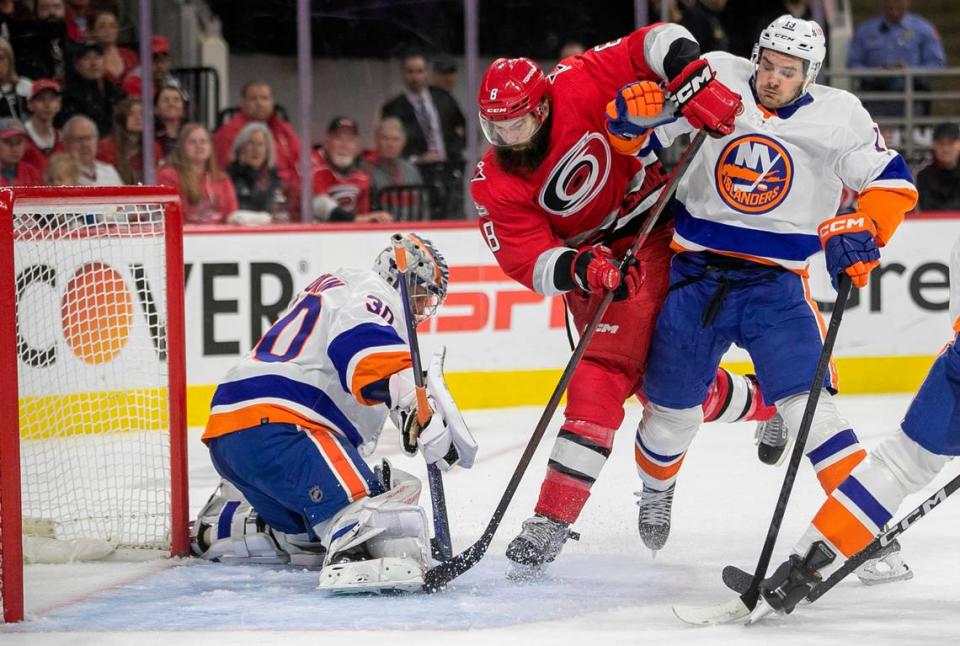 The Carolina Hurricanes Brent Burns (8) tries to score on New York Islanders goalie Ilya Sorokin (30) in the first period during Game 5 of their Stanley Cup series on Tuesday, April 25, 2023 at PNC Arena in Raleigh, N.C