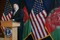 Secretary of State Mike Pompeo speaks during a news conference at the U.S. Embassy, Tuesday, June 25, 2019, during an unannounced visit to Kabul, Afghanistan. (AP Photo/Jacquelyn Martin, Pool)