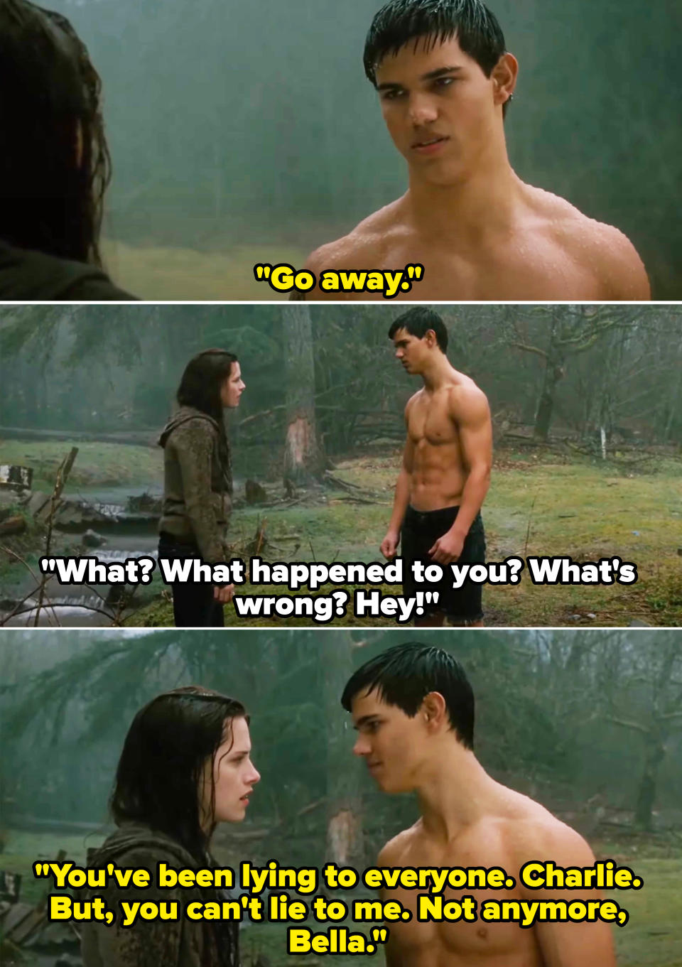 his character talking to bella without a shirt on