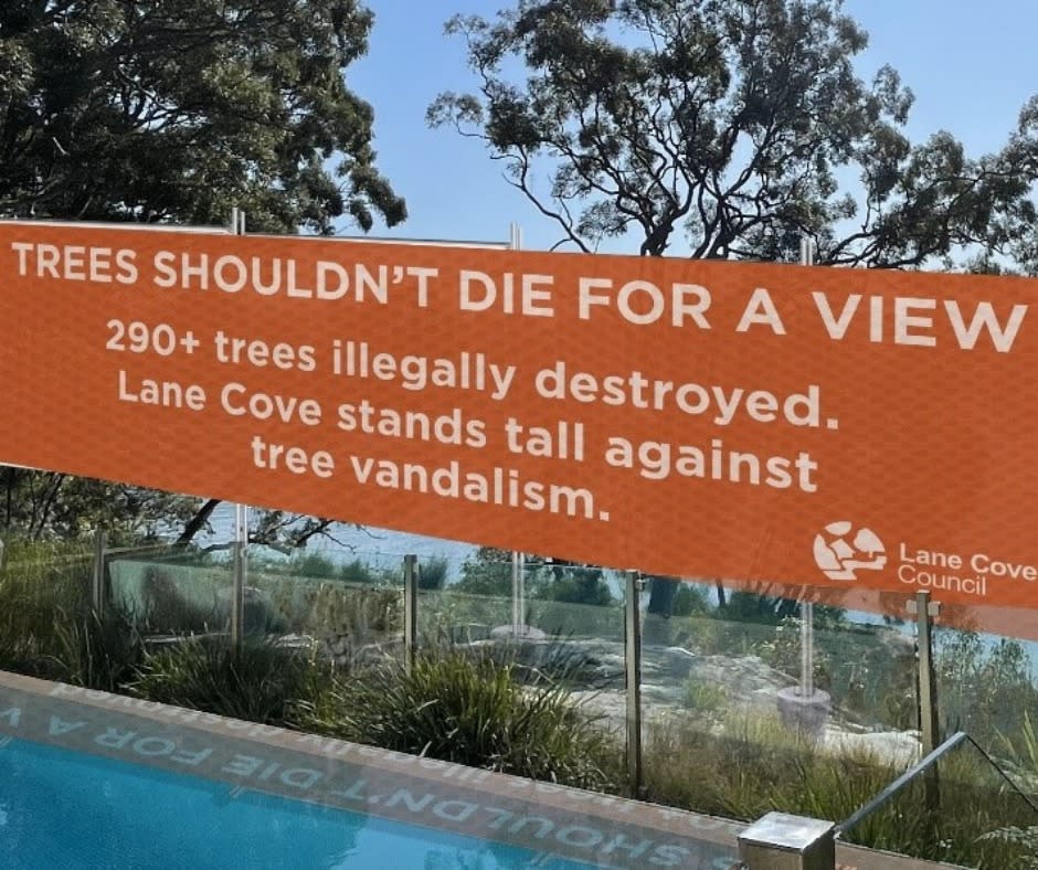 An artist impression of a sign now being erected in Lane Cove following mass tree vandalism. Source: Lane Cove Council