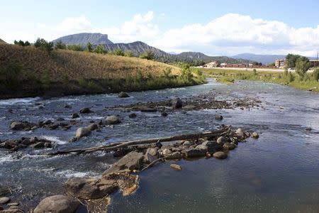 The Animas River which flows through Santa Rita Park, usually bustling with river activities, is left barren as it recovers from last week's Gold King Mine spill in Durango, Colorado August 12, 2015. REUTERS/Hanna Maddera