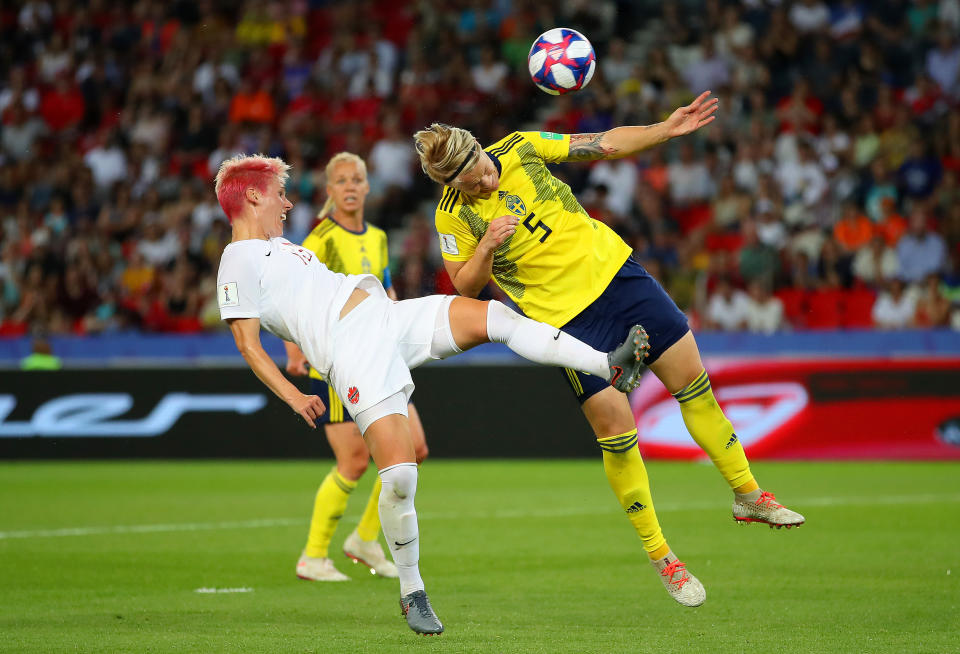 Nilla Fischer of Sweden is challenged by Sophie Schmidt of Canada during the 2019 FIFA Women's World Cup France Round Of 16 match between Sweden and Canada at Parc des Princes on June 24, 2019 in Paris, France. (Photo by Richard Heathcote/Getty Images)