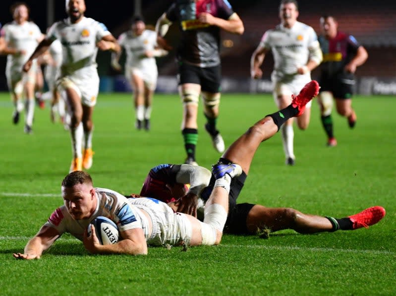 <p>Simmonds’s third try sealed the bonus point for Exeter</p>Getty