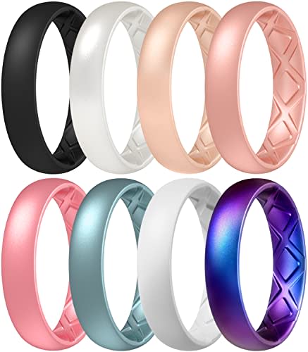 Egnaro Breathable Women Silicone Wedding Ring, Inner Arc Ergonomic Design Wedding Bands Anniversary Rings for Women - 4mm Wide 1.5mm Thick Silicone Promise Engagement Rings