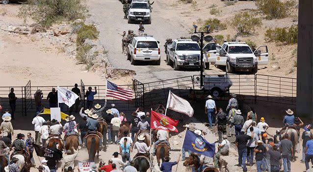 Protesters gather at the Bureau of Land Management's base camp, where cattle that were seized from rancher Cliven Bundy are being held. Photo: Reuters.