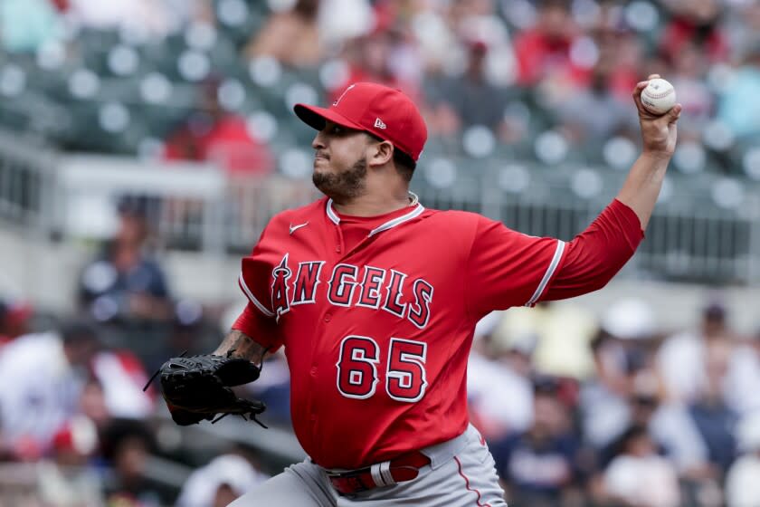Los Angeles Angels' Jose Quijada pitches against the Atlanta Braves during the seventh inning.