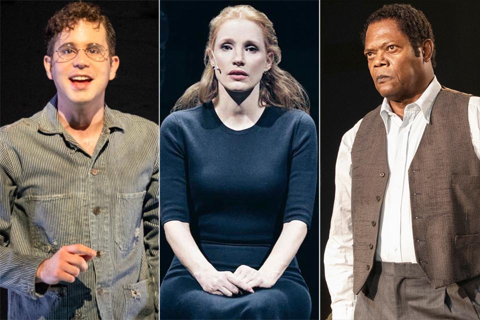 Ben Platt in Parade, Jessica Chastain in A Doll's House, and Samuel L Jackson in August Wilson's The Piano Lesson