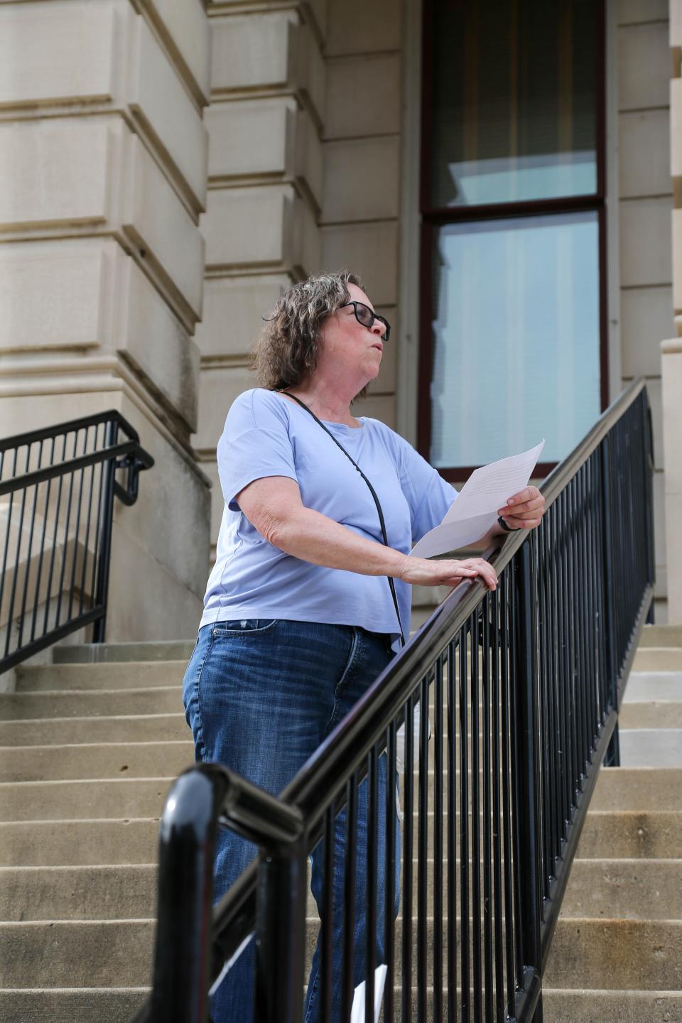 Local activist Susan Rowe speaks to more than 100 people gathered at the Tippecanoe County Courthouse in Lafayette, Ind., June 24, 2022, hours after the U.S. Supreme Court ruled 6-3 to overturn Roe v. Wade, the landmark decision that gave a woman the right to an abortion 50 years ago.